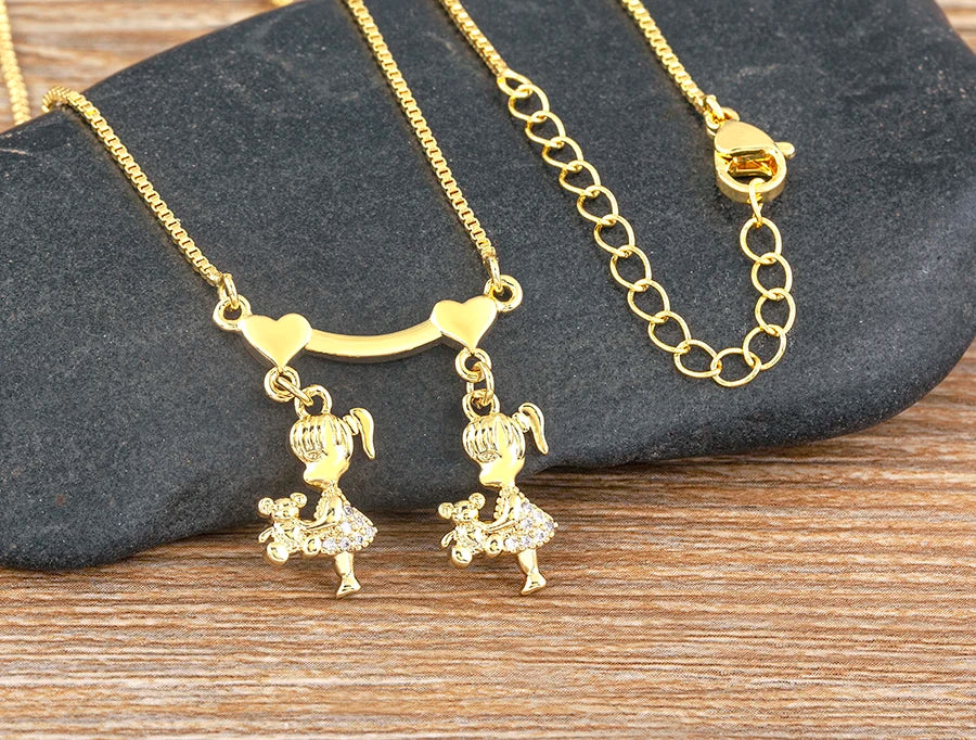 AIBEF  Girl And Boy Rhinestone Pendant Women Copper Zircon Gold Plated Necklace Jewelry Family Daughter&Son Mother Birthday Gift