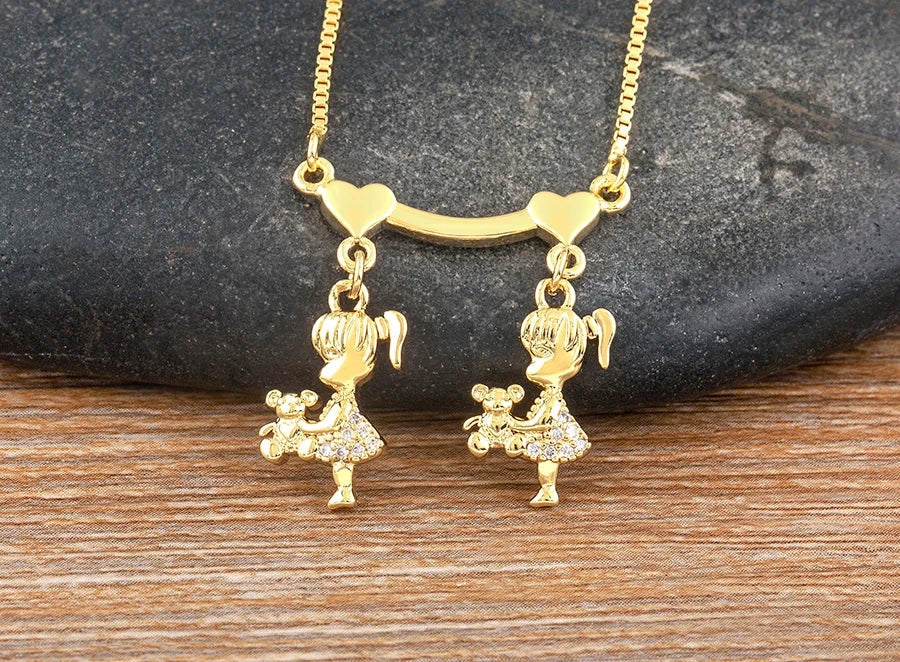 AIBEF  Girl And Boy Rhinestone Pendant Women Copper Zircon Gold Plated Necklace Jewelry Family Daughter&Son Mother Birthday Gift