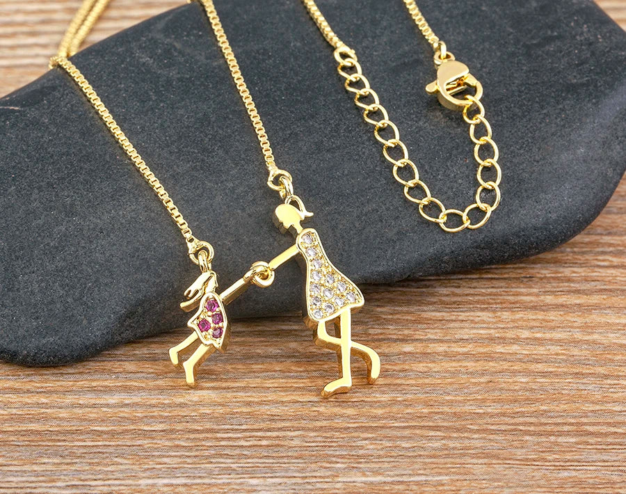 AIBEF  Girl And Boy Rhinestone Pendant Women Copper Zircon Gold Plated Necklace Jewelry Family Daughter&Son Mother Birthday Gift