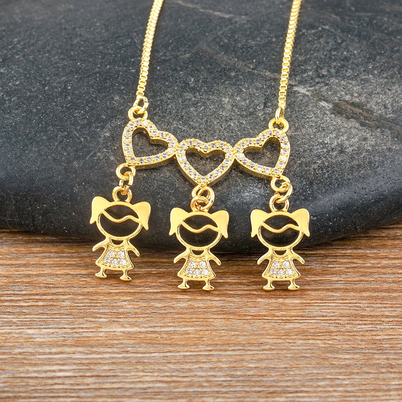 AIBEF  Girl And Boy Rhinestone Pendant Women Copper Zircon Gold Plated Necklace Jewelry Family Daughter&Son Mother Birthday Gift
