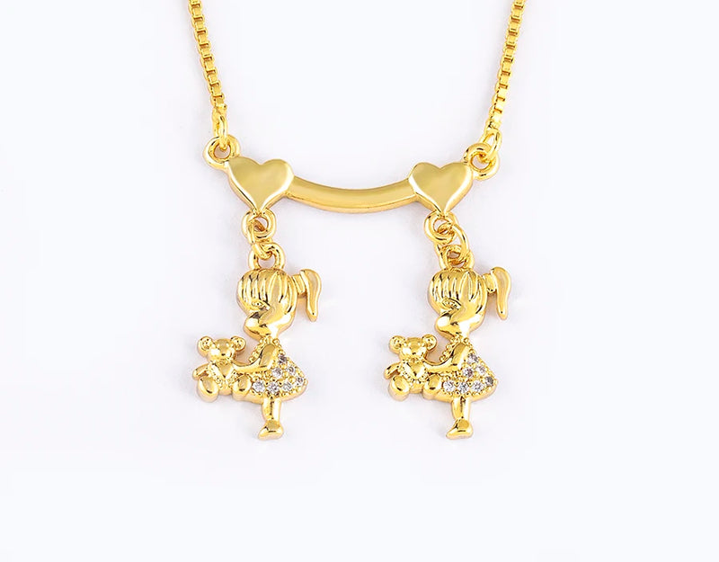 AIBEF  Girl And Boy Rhinestone Pendant Women Copper Zircon Gold Plated Necklace Jewelry Family Daughter&Son Mother Birthday Gift