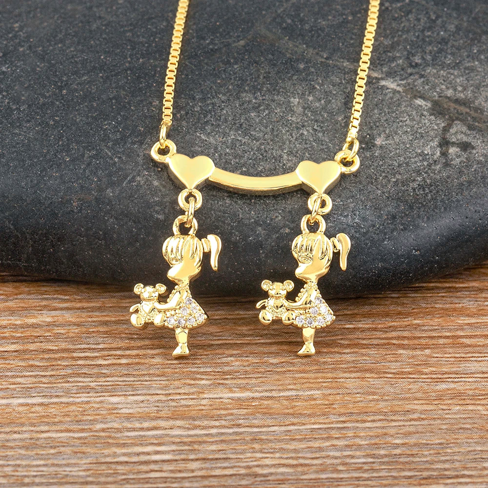 AIBEF  Girl And Boy Rhinestone Pendant Women Copper Zircon Gold Plated Necklace Jewelry Family Daughter&Son Mother Birthday Gift