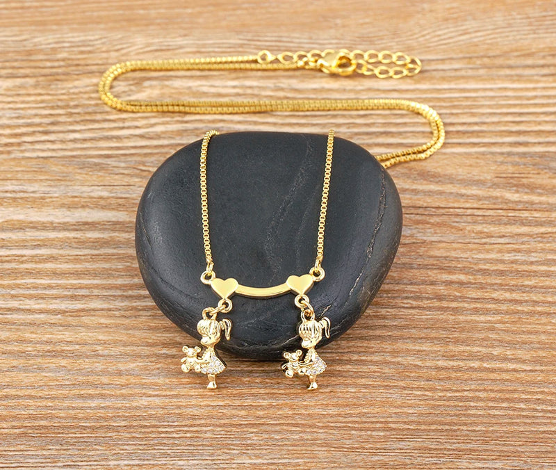 AIBEF  Girl And Boy Rhinestone Pendant Women Copper Zircon Gold Plated Necklace Jewelry Family Daughter&Son Mother Birthday Gift