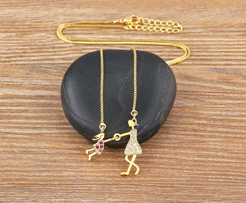 AIBEF  Girl And Boy Rhinestone Pendant Women Copper Zircon Gold Plated Necklace Jewelry Family Daughter&Son Mother Birthday Gift