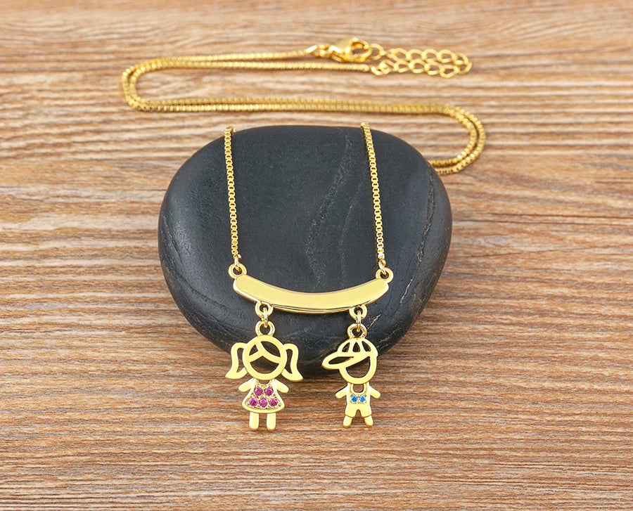 AIBEF  Girl And Boy Rhinestone Pendant Women Copper Zircon Gold Plated Necklace Jewelry Family Daughter&Son Mother Birthday Gift