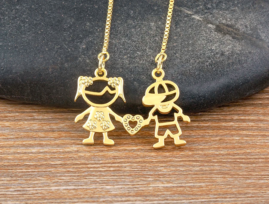 AIBEF  Girl And Boy Rhinestone Pendant Women Copper Zircon Gold Plated Necklace Jewelry Family Daughter&Son Mother Birthday Gift