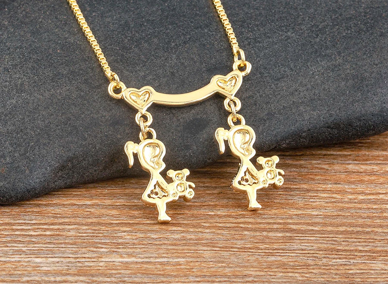 AIBEF  Girl And Boy Rhinestone Pendant Women Copper Zircon Gold Plated Necklace Jewelry Family Daughter&Son Mother Birthday Gift