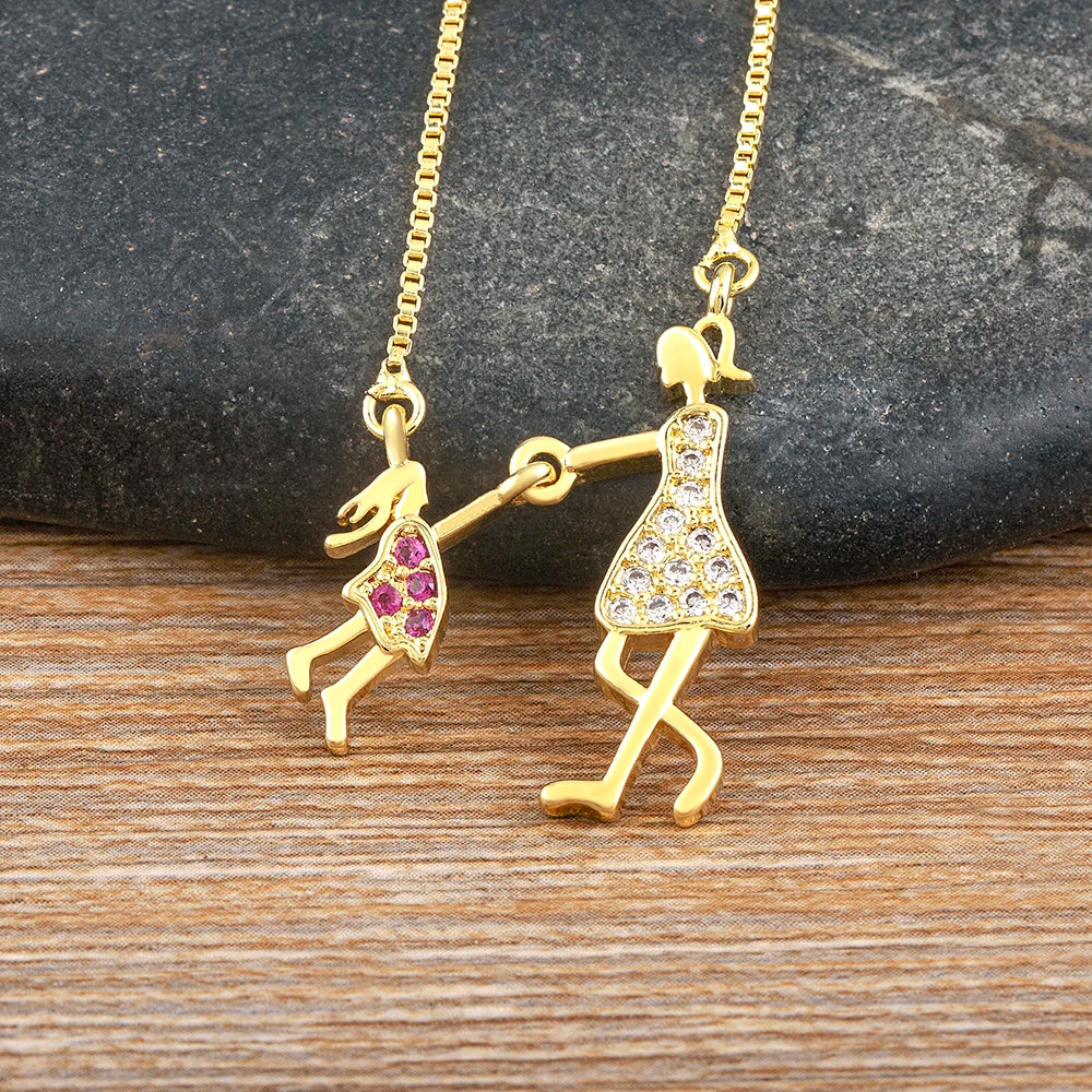 AIBEF  Girl And Boy Rhinestone Pendant Women Copper Zircon Gold Plated Necklace Jewelry Family Daughter&Son Mother Birthday Gift
