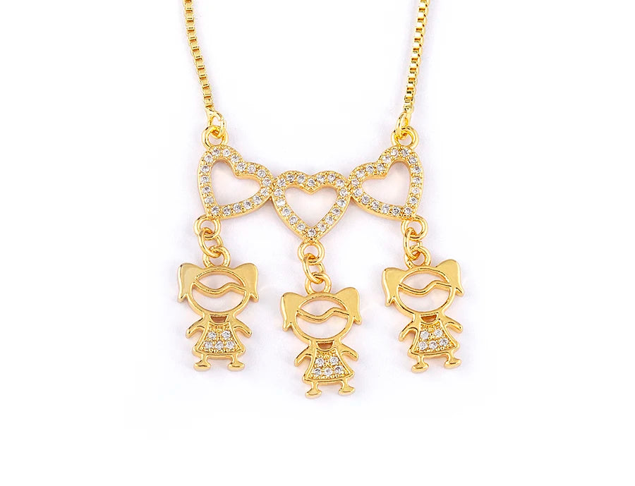 AIBEF  Girl And Boy Rhinestone Pendant Women Copper Zircon Gold Plated Necklace Jewelry Family Daughter&Son Mother Birthday Gift