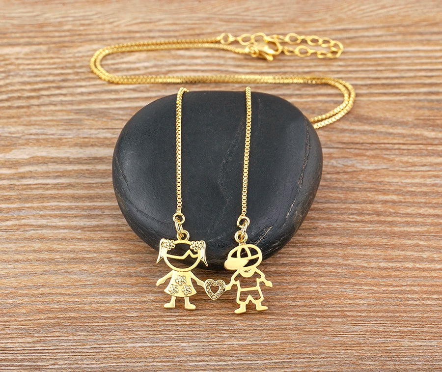 AIBEF  Girl And Boy Rhinestone Pendant Women Copper Zircon Gold Plated Necklace Jewelry Family Daughter&Son Mother Birthday Gift