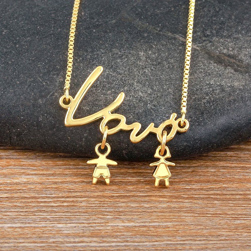 AIBEF  Girl And Boy Rhinestone Pendant Women Copper Zircon Gold Plated Necklace Jewelry Family Daughter&Son Mother Birthday Gift