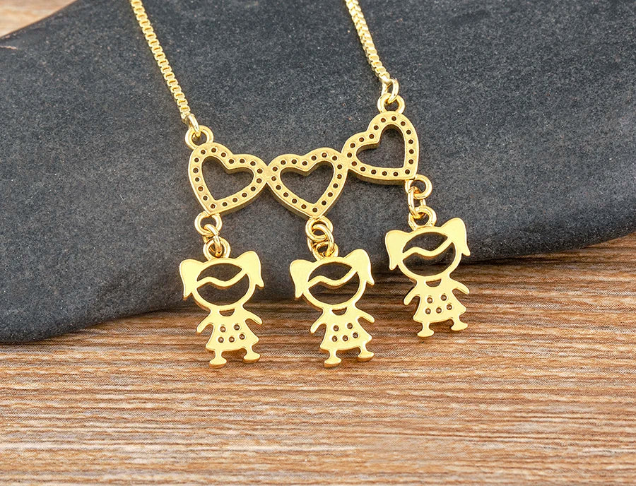 AIBEF  Girl And Boy Rhinestone Pendant Women Copper Zircon Gold Plated Necklace Jewelry Family Daughter&Son Mother Birthday Gift