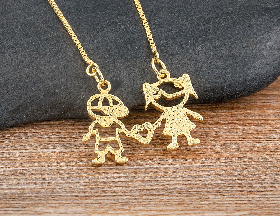 AIBEF  Girl And Boy Rhinestone Pendant Women Copper Zircon Gold Plated Necklace Jewelry Family Daughter&Son Mother Birthday Gift