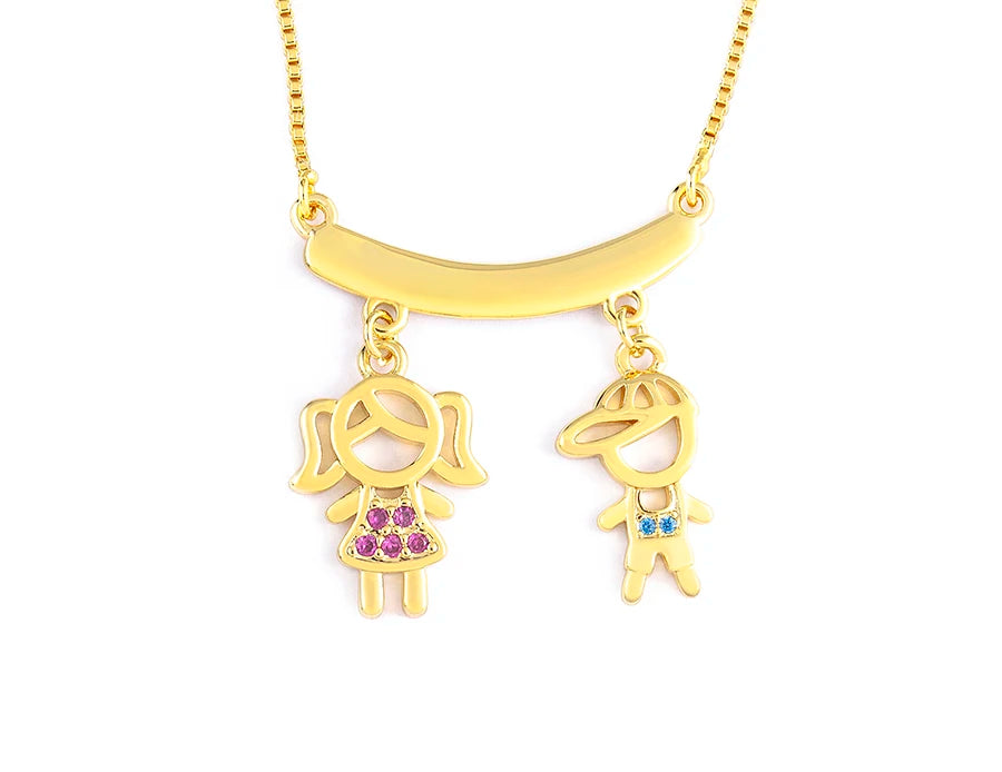 AIBEF  Girl And Boy Rhinestone Pendant Women Copper Zircon Gold Plated Necklace Jewelry Family Daughter&Son Mother Birthday Gift