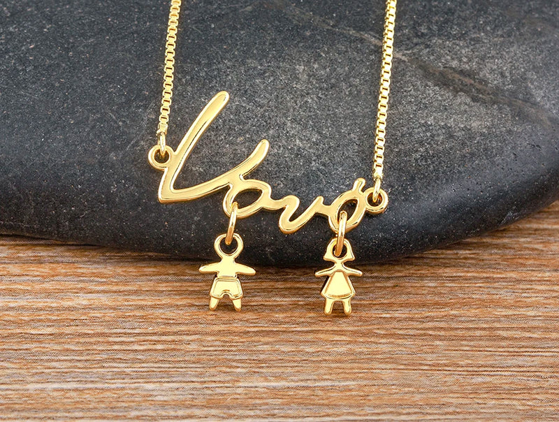 AIBEF  Girl And Boy Rhinestone Pendant Women Copper Zircon Gold Plated Necklace Jewelry Family Daughter&Son Mother Birthday Gift