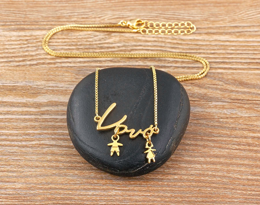AIBEF  Girl And Boy Rhinestone Pendant Women Copper Zircon Gold Plated Necklace Jewelry Family Daughter&Son Mother Birthday Gift