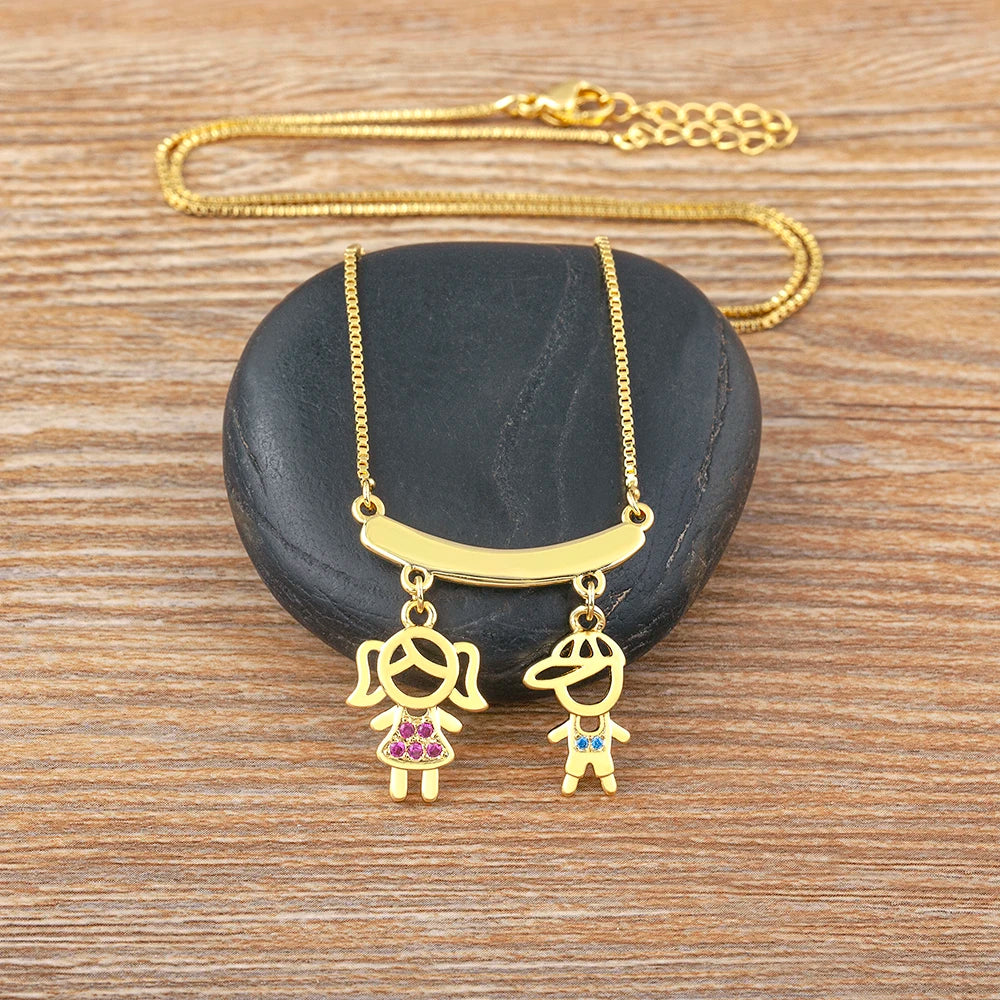 AIBEF  Girl And Boy Rhinestone Pendant Women Copper Zircon Gold Plated Necklace Jewelry Family Daughter&Son Mother Birthday Gift