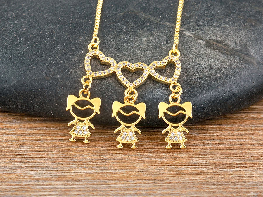 AIBEF  Girl And Boy Rhinestone Pendant Women Copper Zircon Gold Plated Necklace Jewelry Family Daughter&Son Mother Birthday Gift