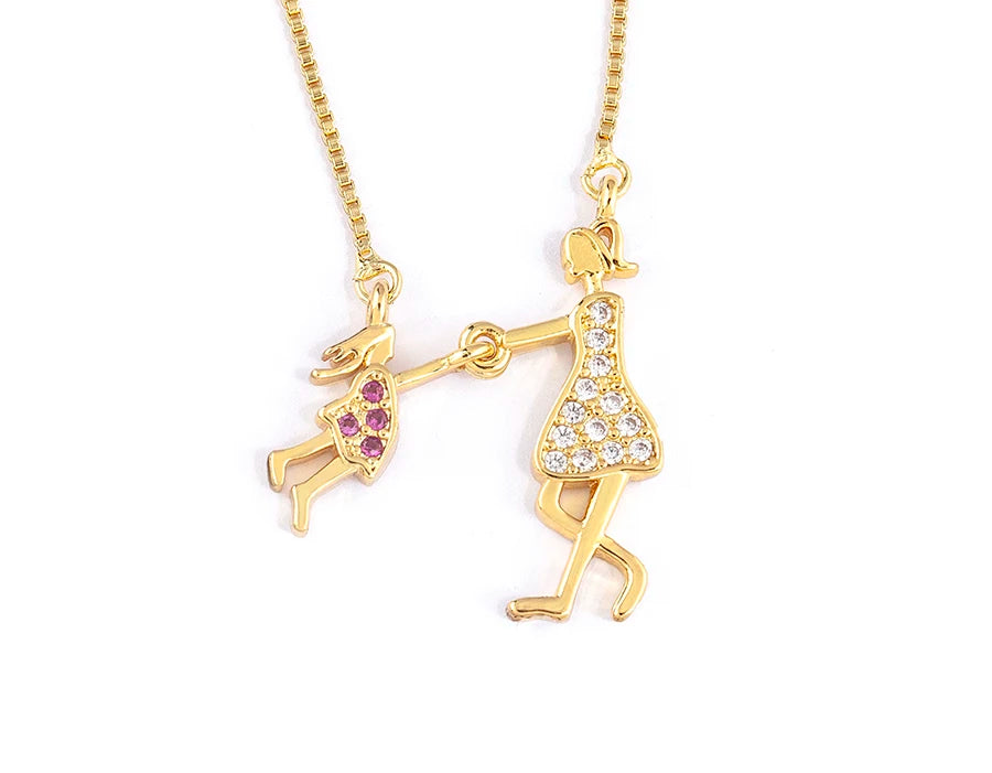 AIBEF  Girl And Boy Rhinestone Pendant Women Copper Zircon Gold Plated Necklace Jewelry Family Daughter&Son Mother Birthday Gift
