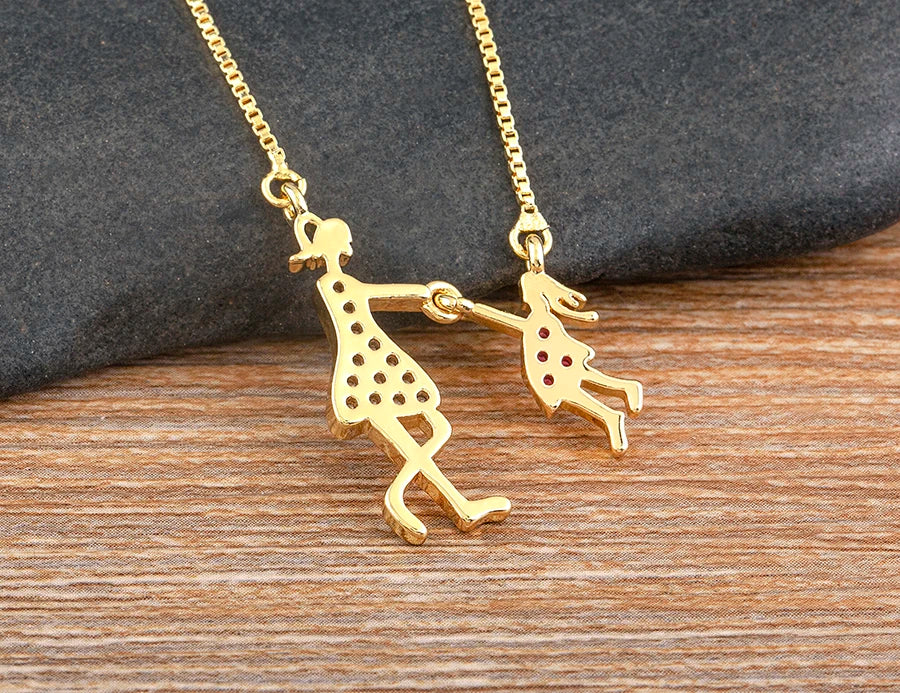 AIBEF  Girl And Boy Rhinestone Pendant Women Copper Zircon Gold Plated Necklace Jewelry Family Daughter&Son Mother Birthday Gift