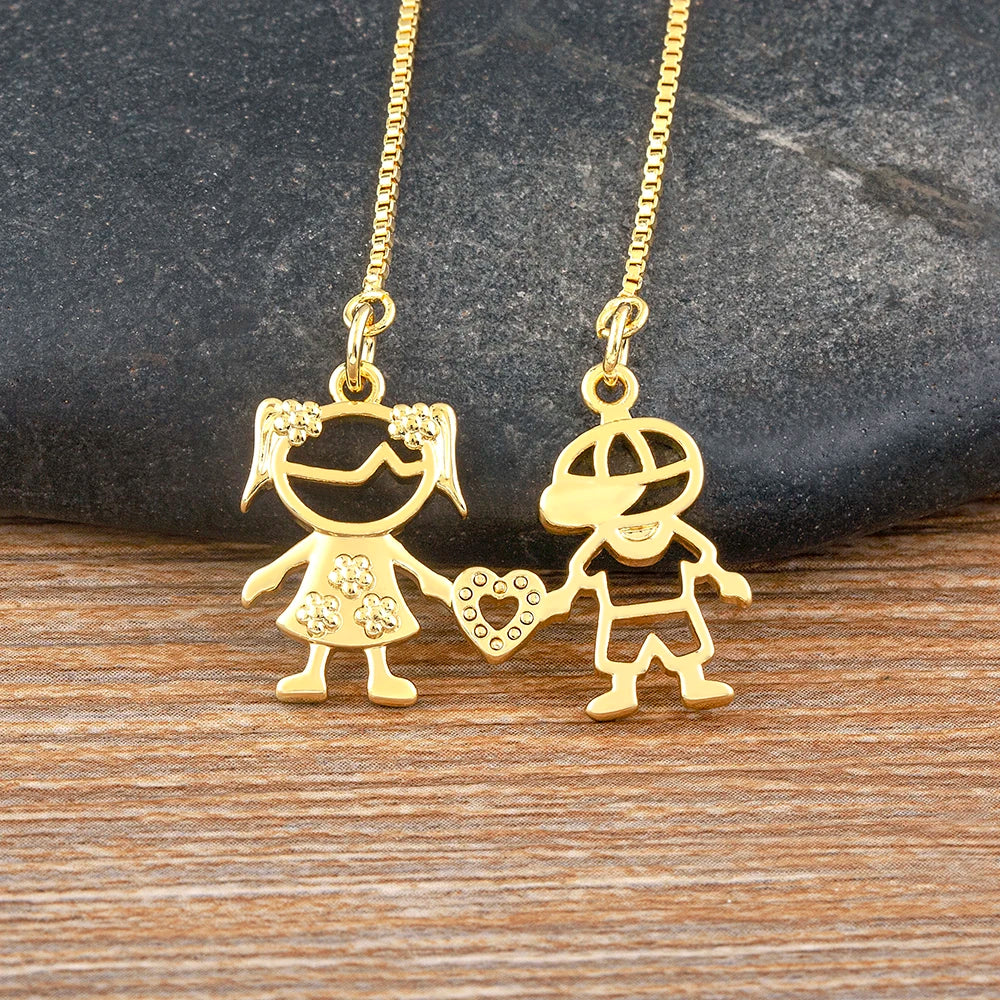 AIBEF  Girl And Boy Rhinestone Pendant Women Copper Zircon Gold Plated Necklace Jewelry Family Daughter&Son Mother Birthday Gift