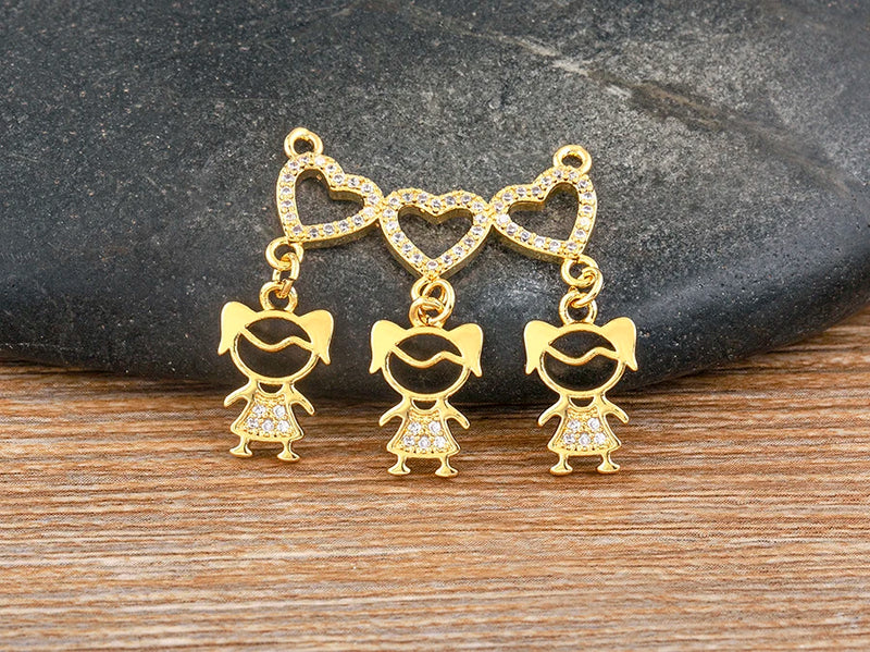 AIBEF  Girl And Boy Rhinestone Pendant Women Copper Zircon Gold Plated Necklace Jewelry Family Daughter&Son Mother Birthday Gift