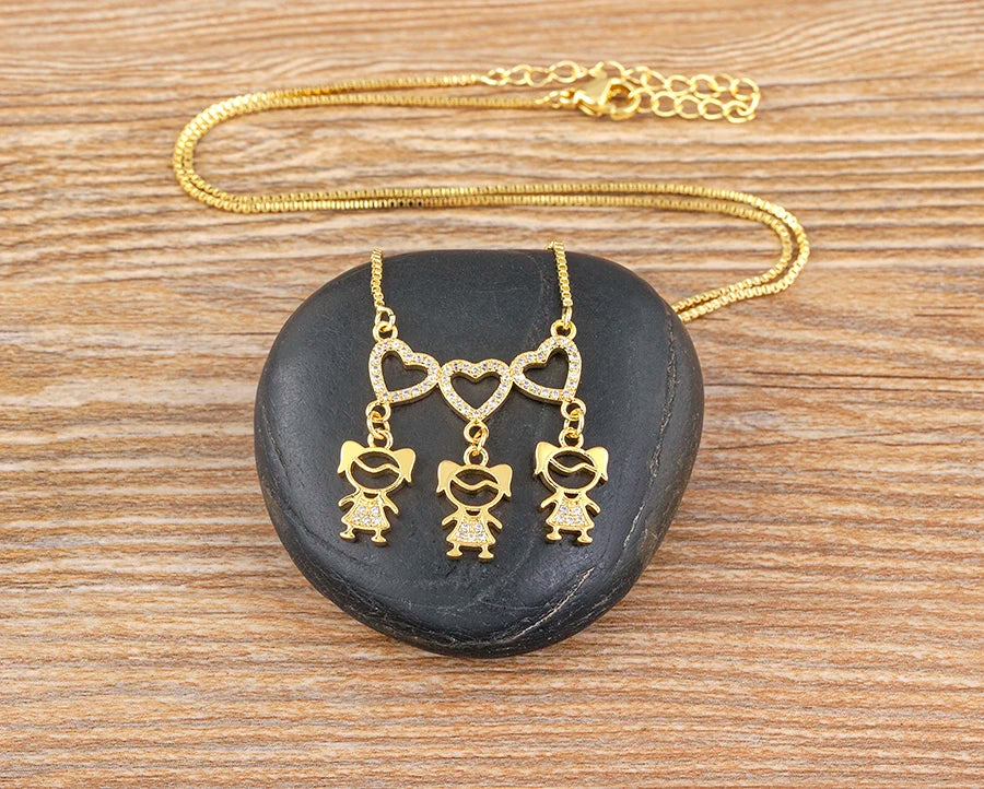 AIBEF  Girl And Boy Rhinestone Pendant Women Copper Zircon Gold Plated Necklace Jewelry Family Daughter&Son Mother Birthday Gift