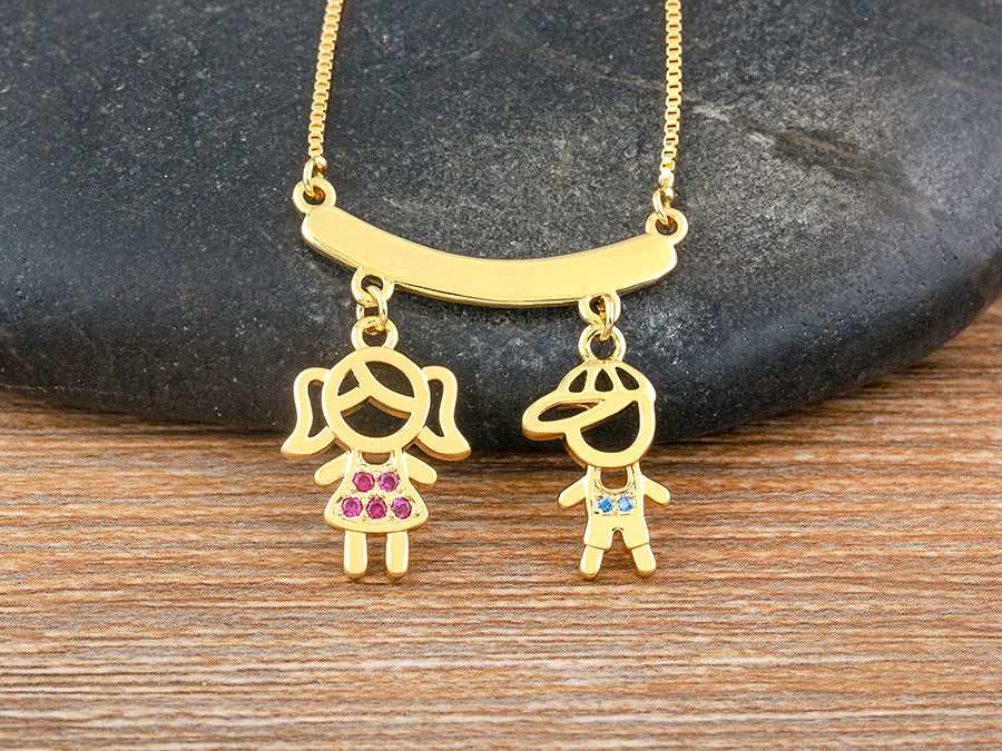 AIBEF  Girl And Boy Rhinestone Pendant Women Copper Zircon Gold Plated Necklace Jewelry Family Daughter&Son Mother Birthday Gift