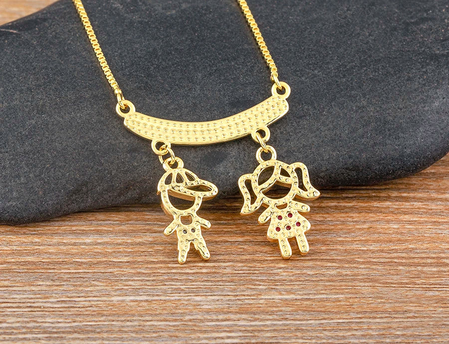 AIBEF  Girl And Boy Rhinestone Pendant Women Copper Zircon Gold Plated Necklace Jewelry Family Daughter&Son Mother Birthday Gift