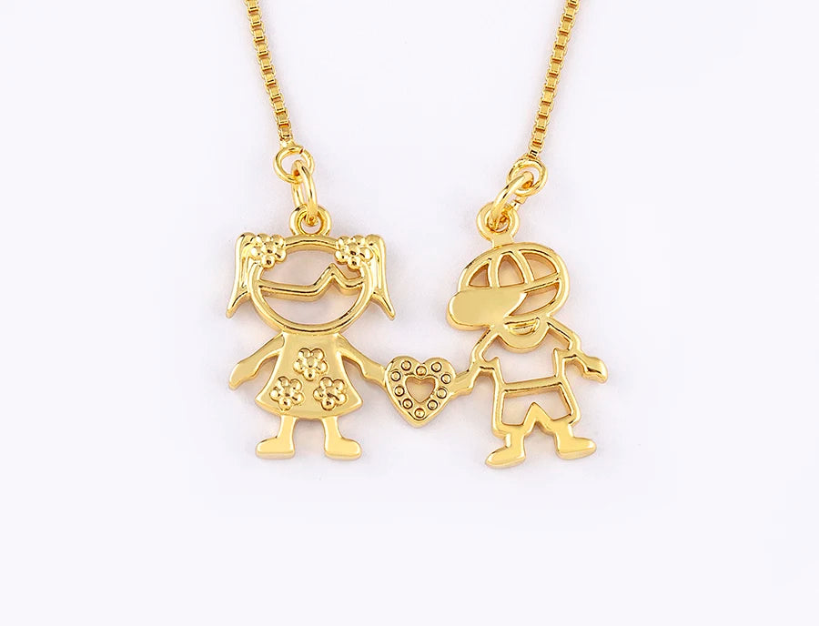 AIBEF  Girl And Boy Rhinestone Pendant Women Copper Zircon Gold Plated Necklace Jewelry Family Daughter&Son Mother Birthday Gift