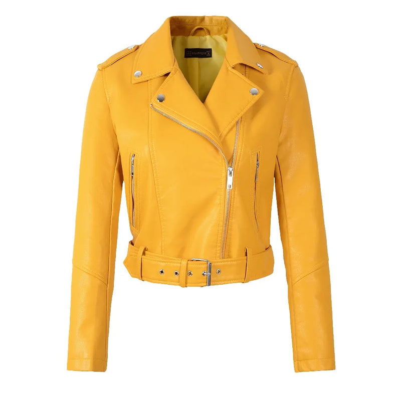 2025 New Women Autumn Winter Faux Soft Leather Jackets Lady White Red Black Green PU Zippers Motorcycle Street Coats with Belt