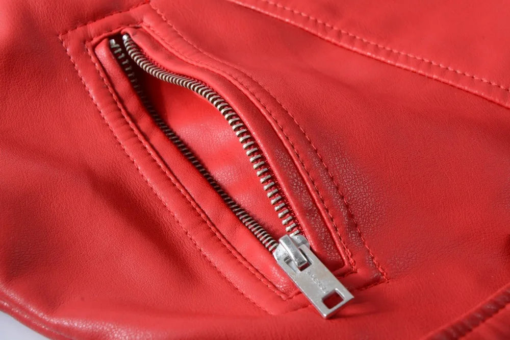 2025 New Women Autumn Winter Faux Soft Leather Jackets Lady White Red Black Green PU Zippers Motorcycle Street Coats with Belt