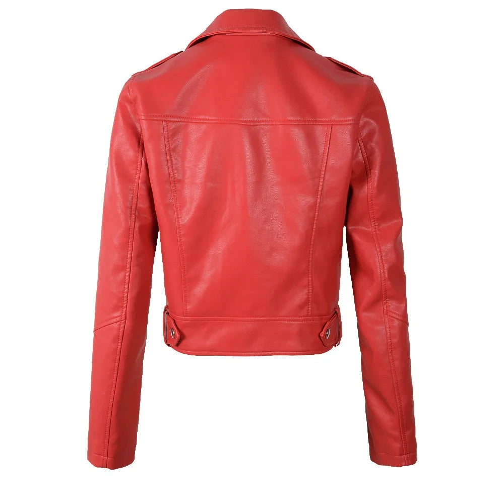 2025 New Women Autumn Winter Faux Soft Leather Jackets Lady White Red Black Green PU Zippers Motorcycle Street Coats with Belt