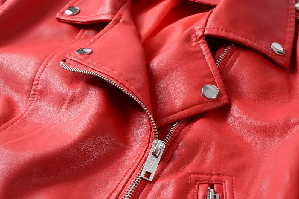 2025 New Women Autumn Winter Faux Soft Leather Jackets Lady White Red Black Green PU Zippers Motorcycle Street Coats with Belt