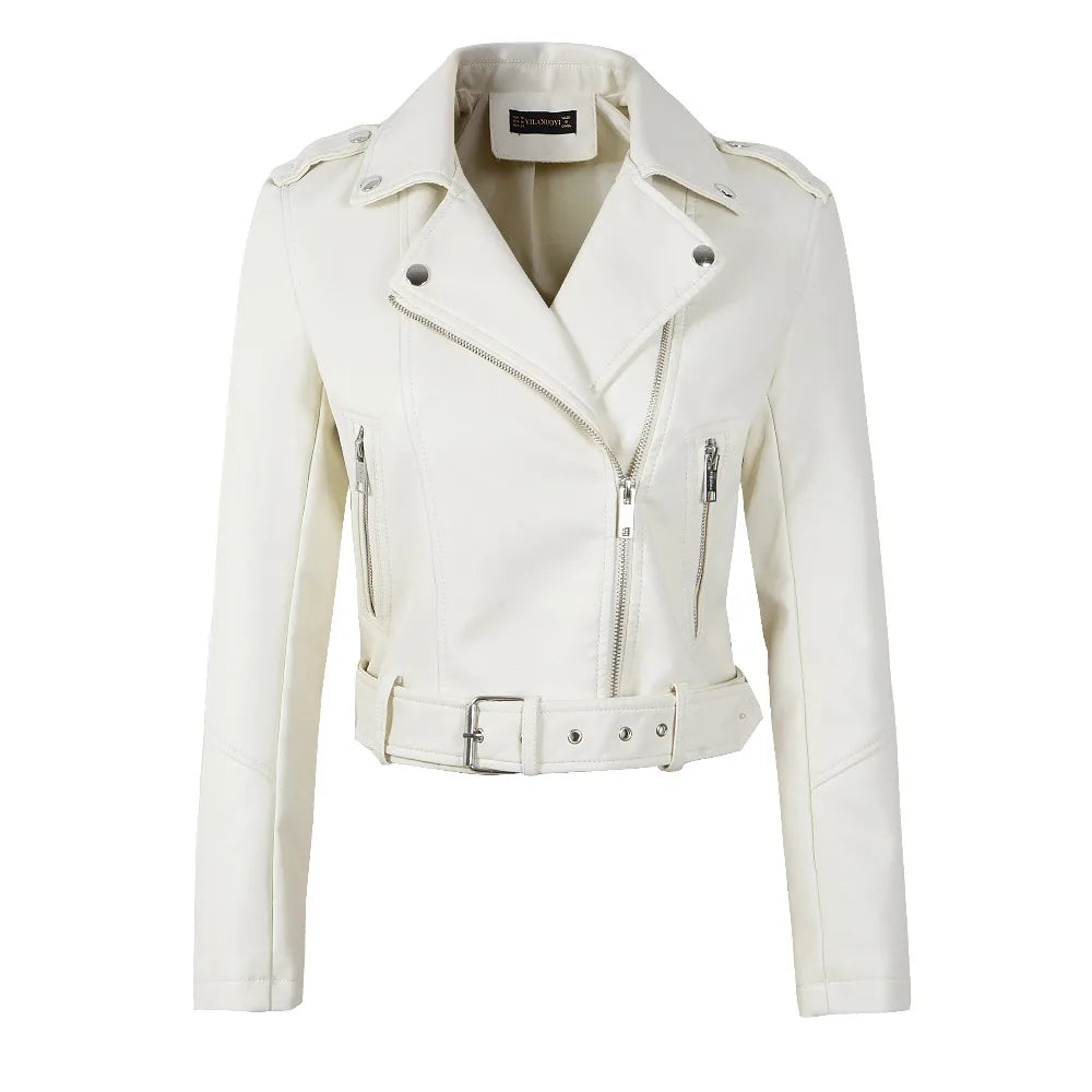 2025 New Women Autumn Winter Faux Soft Leather Jackets Lady White Red Black Green PU Zippers Motorcycle Street Coats with Belt