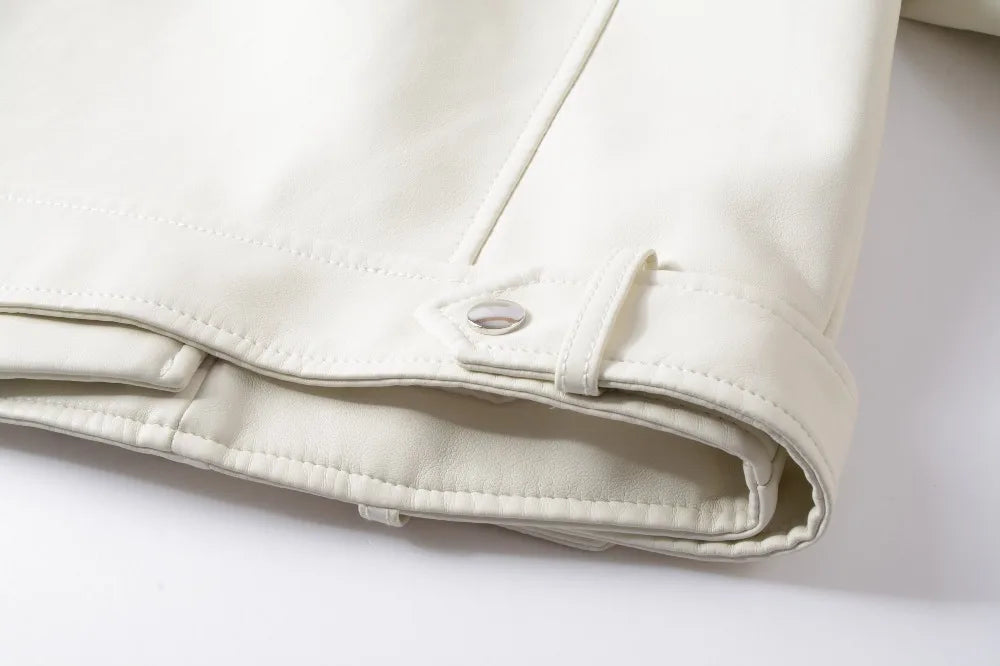 2025 New Women Autumn Winter Faux Soft Leather Jackets Lady White Red Black Green PU Zippers Motorcycle Street Coats with Belt