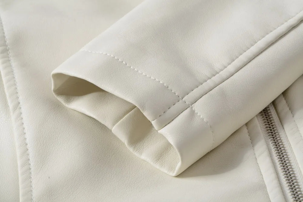 2025 New Women Autumn Winter Faux Soft Leather Jackets Lady White Red Black Green PU Zippers Motorcycle Street Coats with Belt