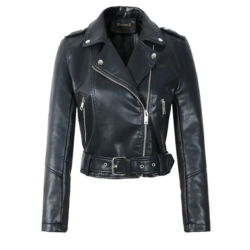 2025 New Women Autumn Winter Faux Soft Leather Jackets Lady White Red Black Green PU Zippers Motorcycle Street Coats with Belt