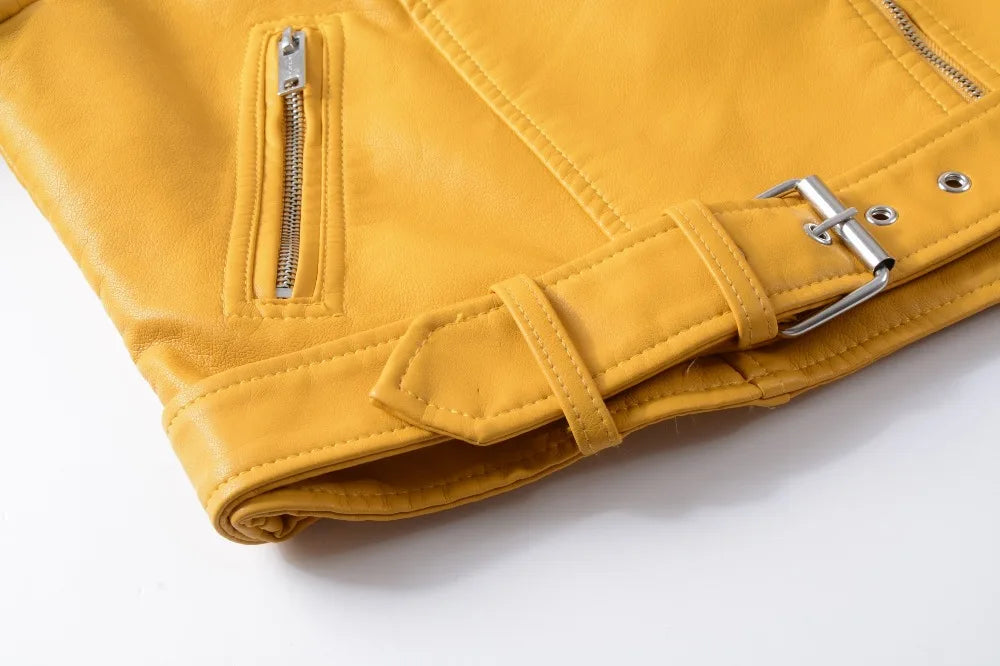 2025 New Women Autumn Winter Faux Soft Leather Jackets Lady White Red Black Green PU Zippers Motorcycle Street Coats with Belt