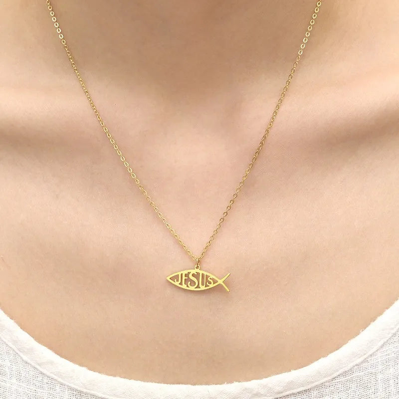 In Stainless Steel Jesus Fish Statement Pendant Necklace For Christians Religious Charm Jewelry Symbol