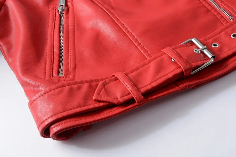 2025 New Women Autumn Winter Faux Soft Leather Jackets Lady White Red Black Green PU Zippers Motorcycle Street Coats with Belt