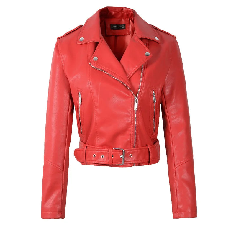 2025 New Women Autumn Winter Faux Soft Leather Jackets Lady White Red Black Green PU Zippers Motorcycle Street Coats with Belt