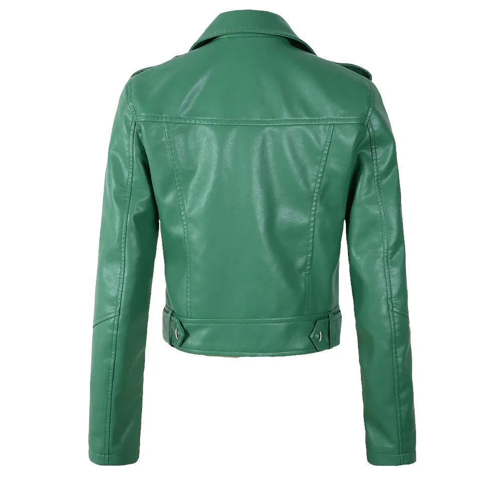 2025 New Women Autumn Winter Faux Soft Leather Jackets Lady White Red Black Green PU Zippers Motorcycle Street Coats with Belt