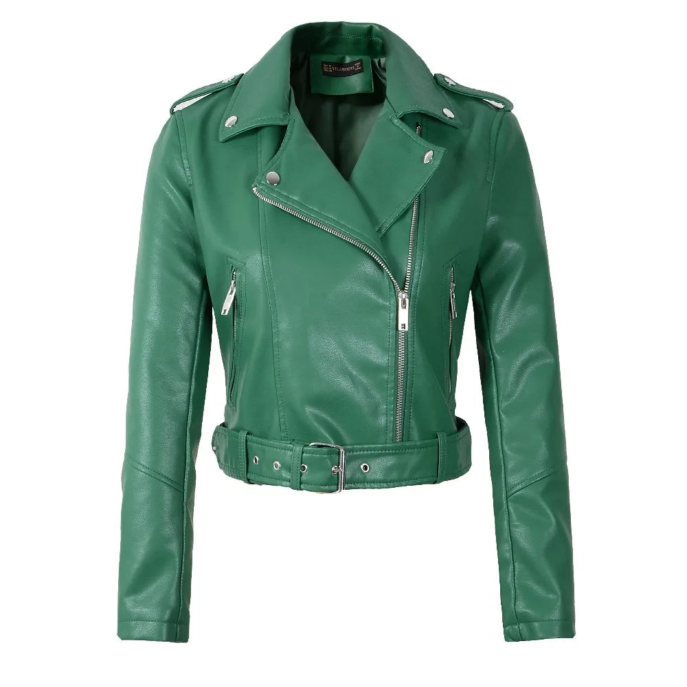 2025 New Women Autumn Winter Faux Soft Leather Jackets Lady White Red Black Green PU Zippers Motorcycle Street Coats with Belt