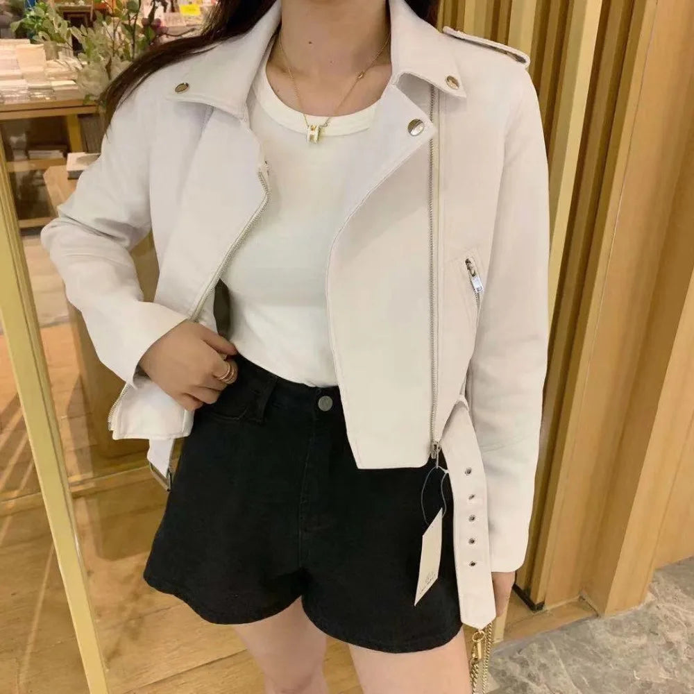 2025 New Women Autumn Winter Faux Soft Leather Jackets Lady White Red Black Green PU Zippers Motorcycle Street Coats with Belt