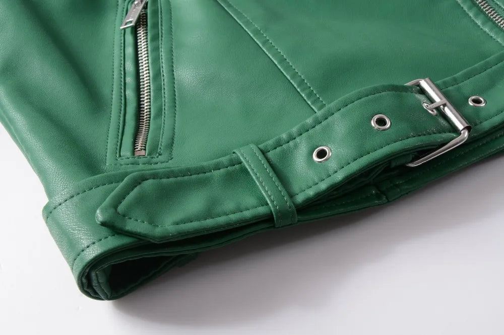 2025 New Women Autumn Winter Faux Soft Leather Jackets Lady White Red Black Green PU Zippers Motorcycle Street Coats with Belt
