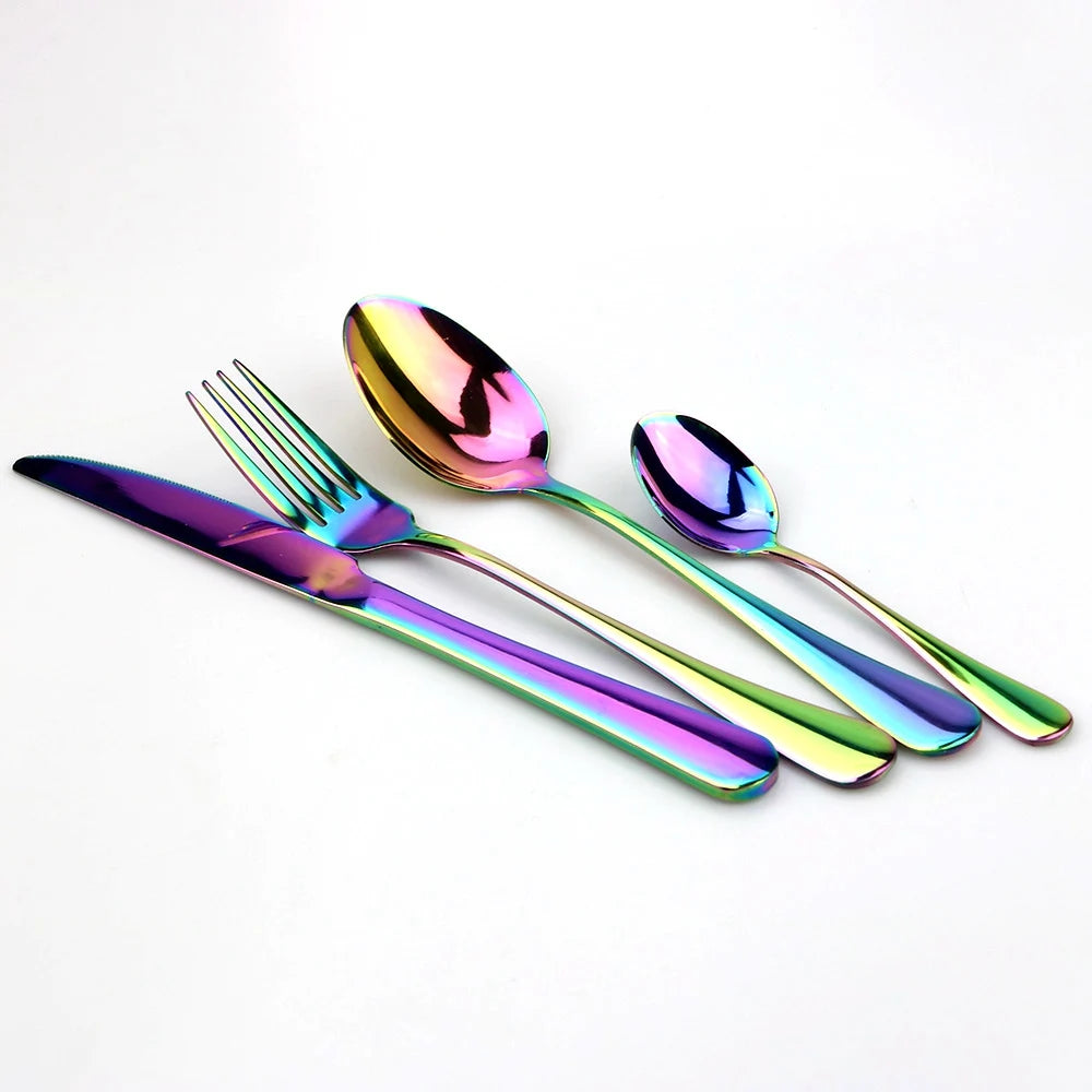 JANKNG Stainless Steel Dinnerware Set Rainbow Colorful Cutlery Dishwasher Safe Dinner Western Tableware Kitchen Accessories