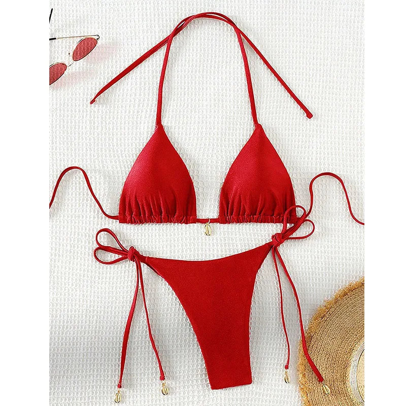 2 Pcs/Set Bikini Set Sexy Bikinis 2025 Bathing Suit Solid Color Halter Neck Strap Thong Women Swimsuit Set for Beach Swimwear