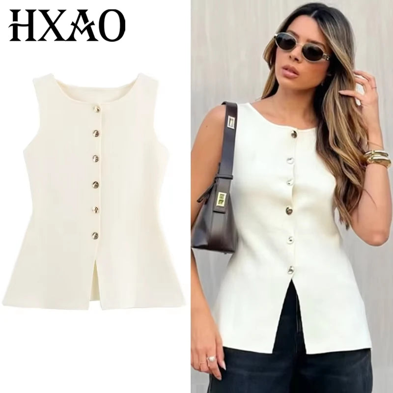 HXAO 2025 Women's Off White Knit Vest Cardigan Button Up Long Outerwears Sleeveless Vest Women Ladies Fashion Elegant Vest Women