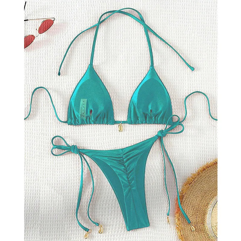 2 Pcs/Set Bikini Set Sexy Bikinis 2025 Bathing Suit Solid Color Halter Neck Strap Thong Women Swimsuit Set for Beach Swimwear